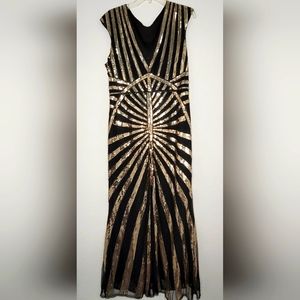 Formal 1920/30's style art deco black and gold dress. Large